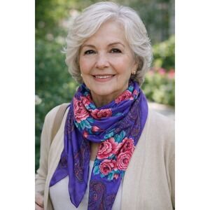 Vintage Floral Paisley Scarf Wrap Womens Purple Roses Colorful Cottagecore